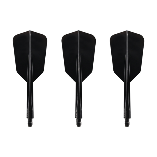 Condor_AXE_Wing_FlightSystem_Schwarz_Slim_1 Das Bild zeigt drei schwarze, schlanke Dartflights des Modells "Condor AXE Wing Flight-System Schwarz - Slim". Sie sind nebeneinander angeordnet und haben jeweils einen integrierten Schaft.