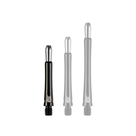 Das Bild zeigt drei schwarze Aluminium-Dartschäfte in unterschiedlichen Längen. Die Schäfte haben ein glänzendes Metallende und ein eingraviertes Muster.