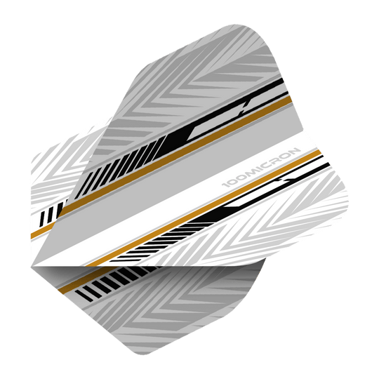 Das Bild zeigt ein Dartflight mit einem modernen Design in Weiß, Schwarz und Gold. Die Oberfläche ist mit geometrischen Mustern und Streifen verziert.
