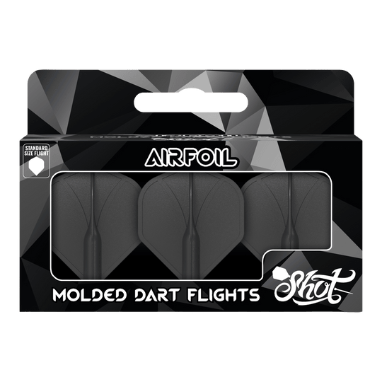Shot Airfoil Molded No2 Standard Flights Auf dem Bild ist eine Packung mit drei schwarzen, geformten Dartflights zu sehen. Die Verpackung trägt die Aufschrift „Airfoil“ und „Molded Dart Flights“ der Marke Shot.