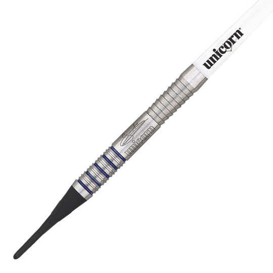 Das Bild zeigt einen Softdart der Marke Unicorn, Modell "Silver Star Var.2 Gary Anderson". Der Dart hat einen silbernen Schaft mit blauen Rillen und einen weißen Flight mit dem Aufdruck "unicorn".