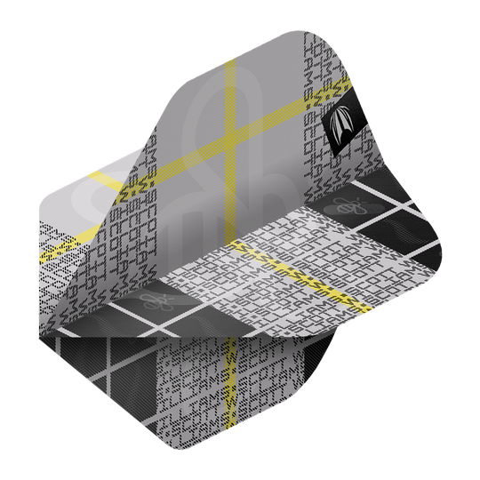 Das Bild zeigt ein Dartflight aus der Serie "Target Pro Ultra Scott Williams GEN2 No2 Standard Flights". Das Design ist in Schwarz, Weiß und Grau mit gelben Linien und einem modernen Muster gehalten.