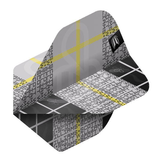 Target Pro Ultra Scott Williams GEN2 No2 Standard Flights - 3 sets Das Bild zeigt ein Dartflight aus der Serie "Target Pro Ultra Scott Williams GEN2 No2 Standard Flights". Das Design ist in Schwarz, Weiß und Grau mit gelben Linien und einem modernen Muster gehalten.