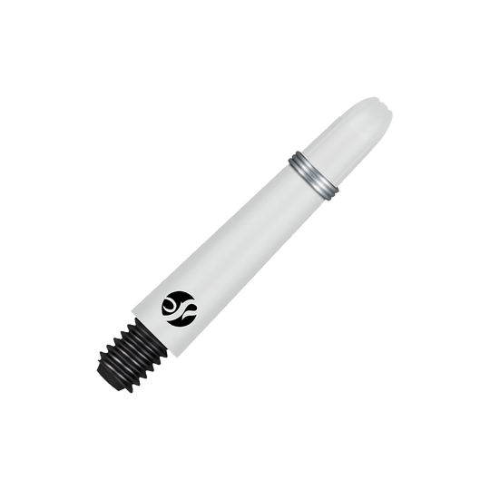 Shot Koi Carbon Shafts - White Das Bild zeigt einen weißen Carbon-Schraubschaft mit einem schwarzen Gewinde. Auf dem Schaft ist ein kleines schwarzes Logo zu sehen.