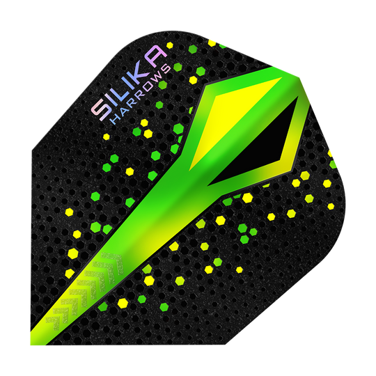 Harrows Silika Colorshift Tough Crystalline Coating Green No6 Flights Das Bild zeigt ein Dart-Flügel von Harrows mit dem Namen "Silika Colourshift Tough Crystalline Coating Green No6". Das Design ist schwarz mit grünen und gelben Akzenten sowie einem auffälligen grünen Muster in der Mitte.