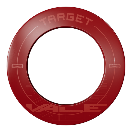 Target VALE Dartboard Surround Das Bild zeigt einen roten Dartboard-Surround mit der Aufschrift "TARGET VALE". Der Surround ist rund und schützt die Wand rund um die Dartscheibe.