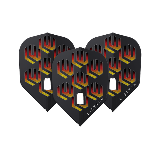 L-L-Styleukas Wenig V1 Black L3PRO Flights Das Bild zeigt drei schwarze Dart-Flights mit einem auffälligen roten und gelben Muster. Auf jedem Flight steht unten rechts das Wort "L-STYLE".