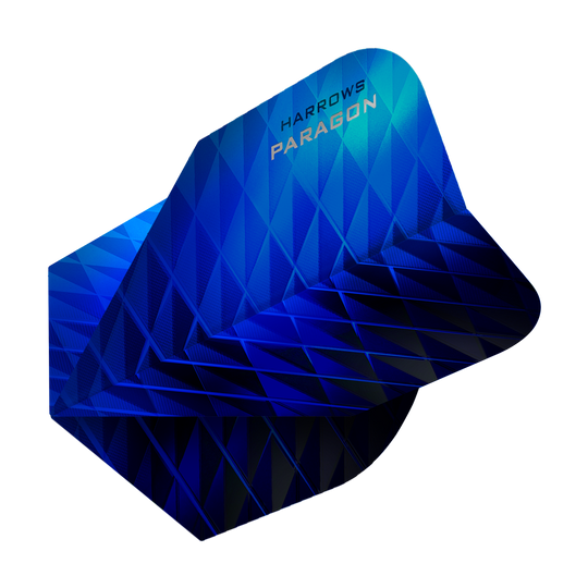 HR7601_Harrows_Paragon_Blue_No2_Standard_Flights_2 Das Bild zeigt die Harrows Paragon Blue No2 Standard Flights für Darts. Die Flights haben ein markantes, blaues geometrisches Design.