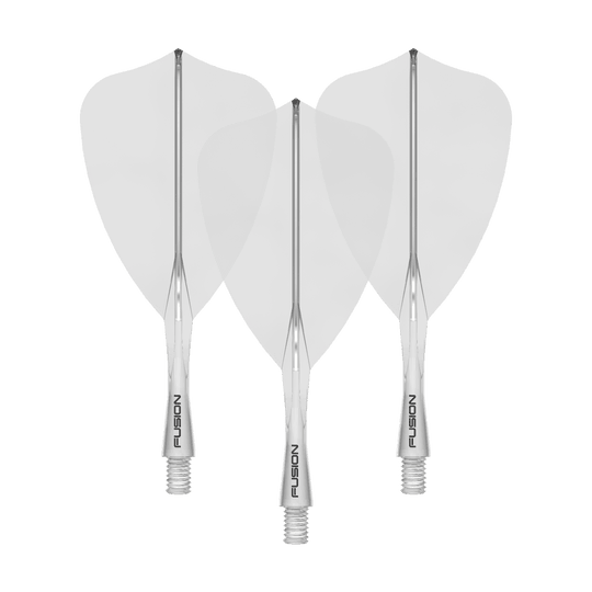 Winmau Fusion Flight Shaft System Arrow Clear Das Bild zeigt ein Winmau Fusion Flight Shaft System Arrow, klar und 22mm lang. Es handelt sich um ein Set von Schäften für Dartpfeile.