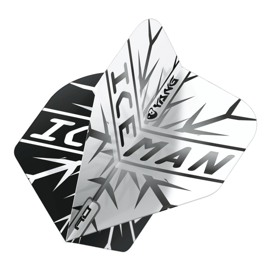 Red Dragon Gerwyn Price Iceman Black White Yin Yang Standard Flights Das Bild zeigt zwei Dartflights in Schwarz und Weiß mit dem Schriftzug "ICEMAN" und einem auffälligen Eismuster. Auf den Flights ist zudem das Wort "Yin Yang" zu sehen.