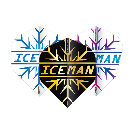 Das Bild zeigt das Red Dragon Gerwyn Price Hardcore Flight Set, bestehend aus drei Dart-Flights. Auf jedem Flight steht in großer Schrift das Wort "ICEMAN" und sie haben unterschiedliche Farbkombinationen.