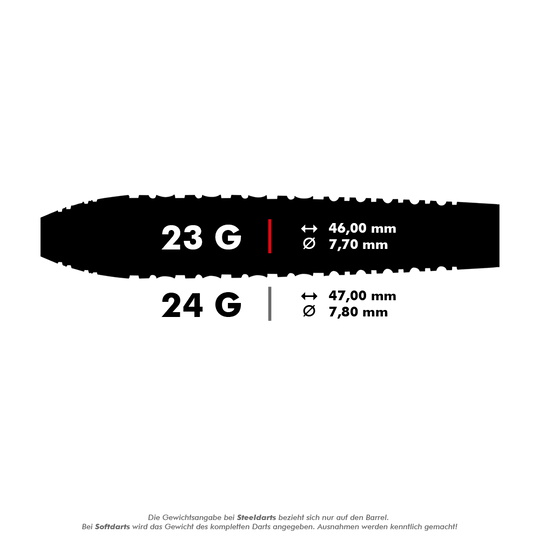 67163_Shot_ZEN_Juji_Steeldarts_5_23g Das Bild zeigt die Maße und Gewichte von Steeldarts mit 23 g und 24 g. Die 23 g Variante ist 46,00 mm lang und hat einen Durchmesser von 7,70 mm, während die 24 g Variante 47,00 mm lang und 7,80 mm dick ist.