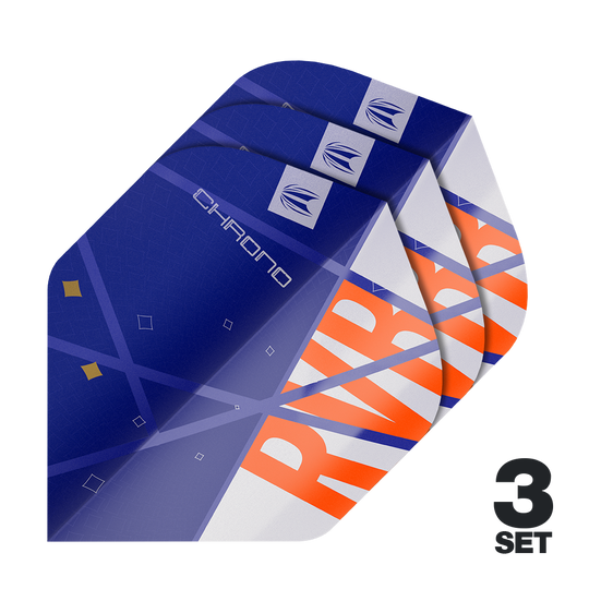 Das Bild zeigt drei Sätze der Target Pro Ultra Raymond Van Barneveld Chrono No2 Standard Flights. Die Flights sind überwiegend blau mit orangefarbenen und weißen Akzenten gestaltet.
