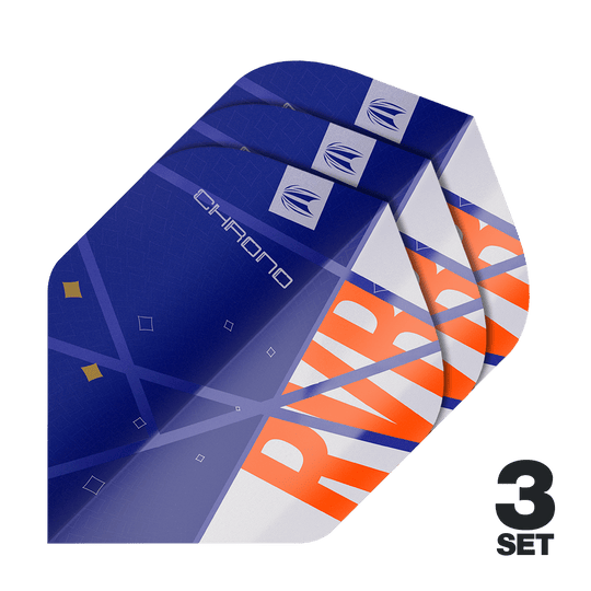 Target Pro Ultra Raymond Van Barneveld Chrono No2 Standard Flights - 3 Sets Das Bild zeigt drei Sätze der Target Pro Ultra Raymond Van Barneveld Chrono No2 Standard Flights. Die Flights sind überwiegend blau mit orangefarbenen und weißen Akzenten gestaltet.