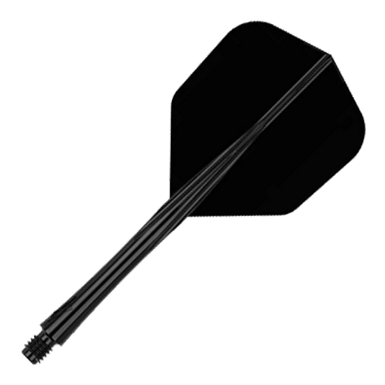 Caliburn SUP Lite No6 flight shaft system Das Bild zeigt einen schwarzen Dart-Schaft mit Flight. Der Dart-Schaft ist mittellang und komplett in schwarz gehalten.