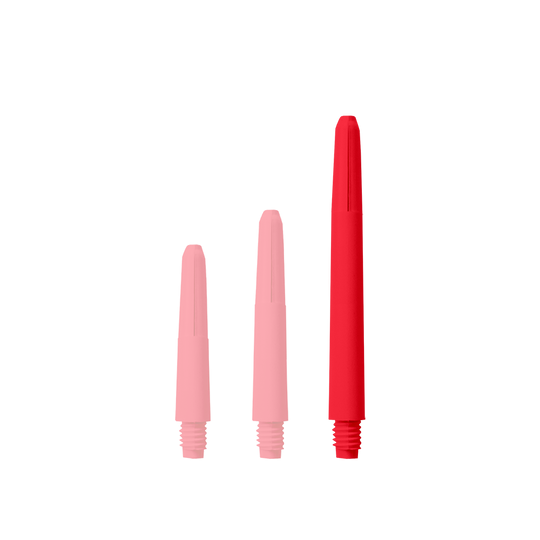 Das Bild zeigt drei rote Nylon Shafts in verschiedenen Längen. Sie sind senkrecht und nebeneinander angeordnet.