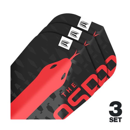 Das Bild zeigt drei Sätze der Target Pro Ultra Nathan Aspinall No6 Flights für Darts. Das Design ist schwarz mit einem auffälligen roten Schlangenmuster und dem Text „THE ASP“.