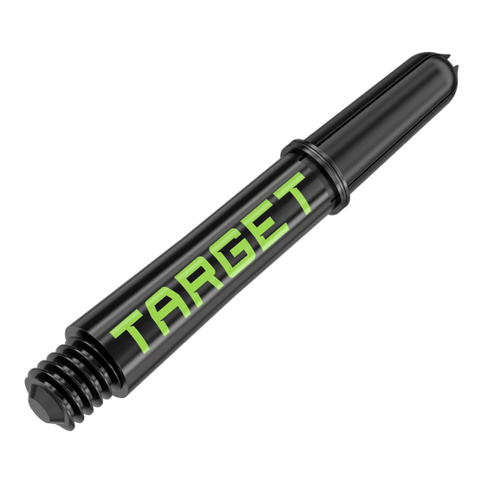 Target Pro Grip TAG Shafts - 3 Sets - Black Green Dies ist ein schwarzer Dartschaft mit grünem "TARGET"-Schriftzug. Er hat ein Schraubgewinde an einem Ende und ist 34 mm lang.