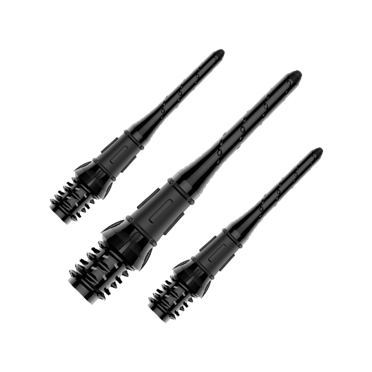 Das Bild zeigt drei schwarze Dartspitzen, die nebeneinander angeordnet sind. Sie haben eine strukturierte, geriffelte Basis und eine glatte, längliche Spitze.