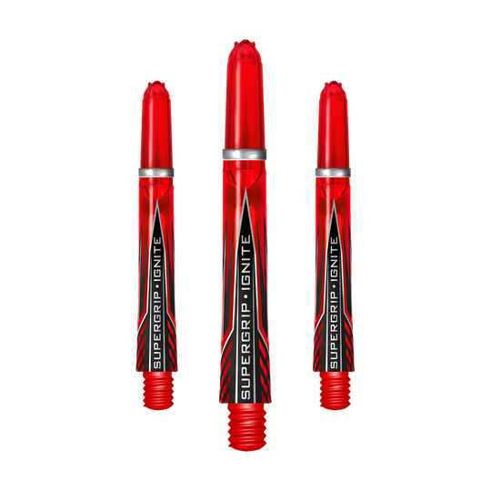 HR384_Harrows_Supergrip_Ignite_Shafts_Rot_40mm_1qX96WPAHn0Qtn Das Bild zeigt drei rote Harrows Supergrip Ignite Shafts für Dartpfeile. Auf jedem Shaft steht der Schriftzug „SUPERGRIP IGNITE“.