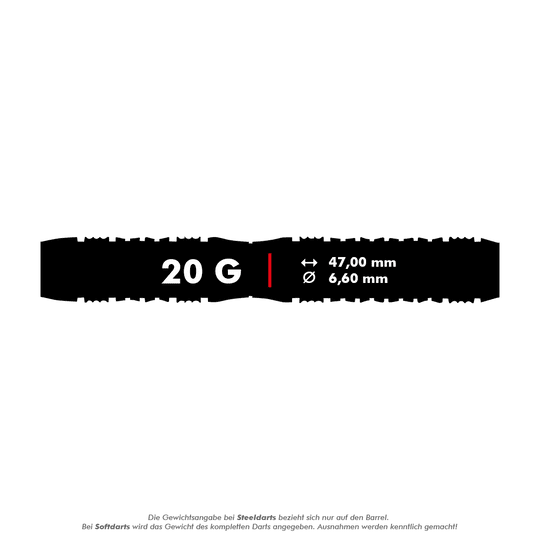 Shot Viking Wolf soft darts - 20g Das Bild zeigt die Produktangaben für die Shot Viking Wolf Softdarts mit einem Gewicht von 20 Gramm. Die Darts sind 47,00 mm lang und haben einen Durchmesser von 6,60 mm.