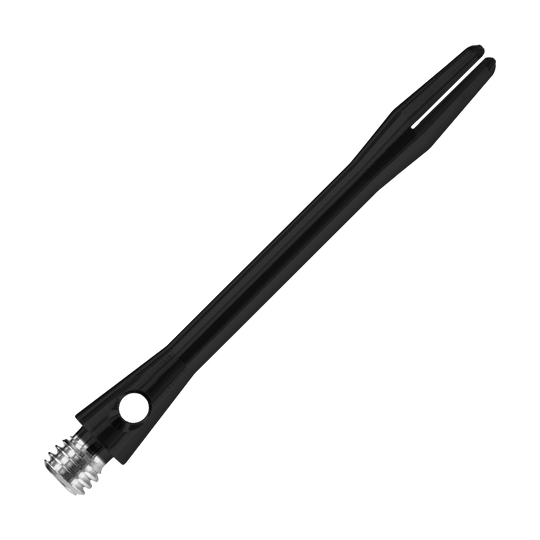 HR368_Harrows_Keramic_Shafts_Schwarz_47mm_2 Das Bild zeigt einen matt schwarzen Harrows Keramic Shafts für Darts. Der Schaft ist schlank und hat ein silbernes Gewinde am unteren Ende.