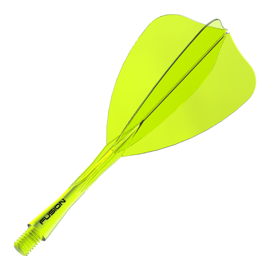 Abgebildet ist ein Dartshaft- und Flight-System in Neongelb, 28 mm lang. Der Artikelname deutet auf ein Winmau Fusion Flight Shaft System Arrow hin.