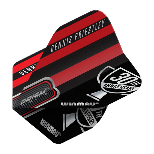 Winmau Prism Delta Dennis Priestley Diamond 3-Zero No2 Standard Flights Das Bild zeigt ein Winmau Prism Delta Dart-Flight mit dem Namen "Dennis Priestley". Das Design ist in Schwarz und Rot gehalten und enthält den Schriftzug "30th Anniversary".