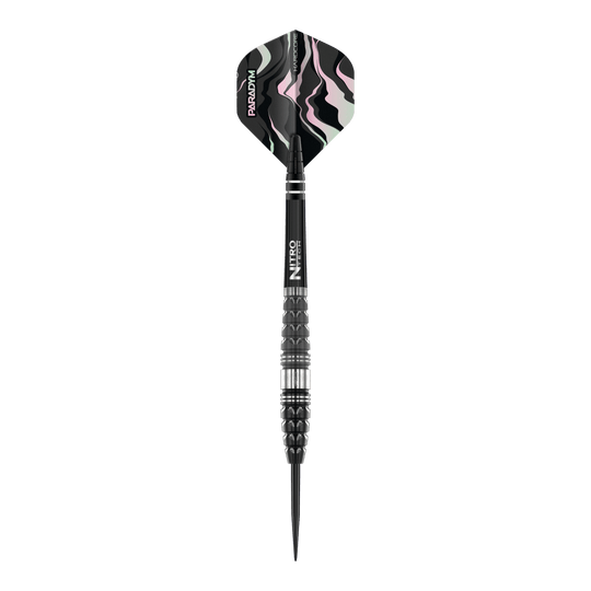 Red Dragon Paradym Torpedo Steel Darts Das Bild zeigt einen Red Dragon Paradym Torpedo Steeldart mit einem schwarzen, strukturierten Griff. Am Ende befindet sich ein Flight mit einem abstrakten Muster in Schwarz, Weiß und Rosa.