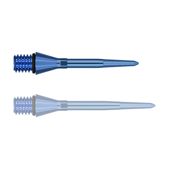 380164_Target_Titanium_Swiss_Point_Nano_Conversion_Points_Blau_26mm_1rGEcNdNlUMbz7 Das Bild zeigt zwei blaue, spitze Metallteile mit Gewinde an einem Ende. Sie liegen parallel zueinander auf weißem Hintergrund.