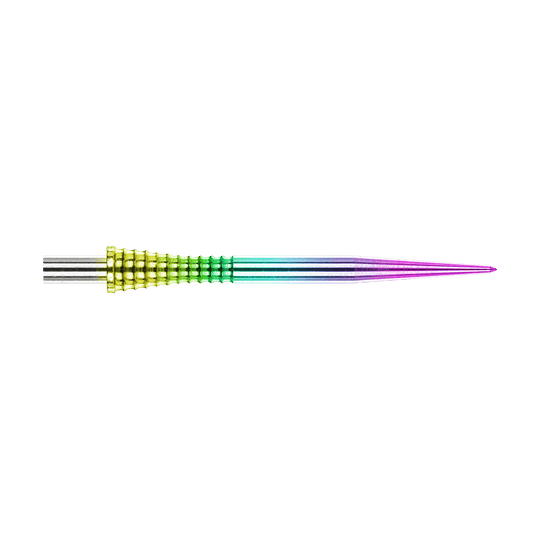 Red Dragon Raptor Gripped Rainbow steel dart tips 30mm Auf dem Bild ist eine Red Dragon Raptor Gripped Rainbow Steeldartspitze mit einer Länge von 38 mm zu sehen. Die Spitze besitzt einen farbigen Regenbogeneffekt und eine geriffelte Grifffläche.