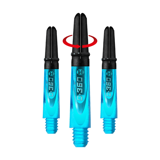 HR443_Harrows_Carbon_360_Shafts_Aqua_35mm_1-_Symbol Das Bild zeigt drei Aqua-farbene Harrows Carbon 360 Shafts für Darts. In der Mitte gibt ein roter Pfeil einen drehbaren Mechanismus an.
