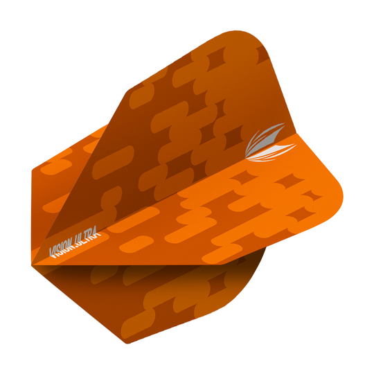 Das Bild zeigt das Produkt "Target Vision Ultra Orange Ten-X Flights". Es handelt sich um einen orangenen Dartflight mit einem modernen Muster und weißem Logo.