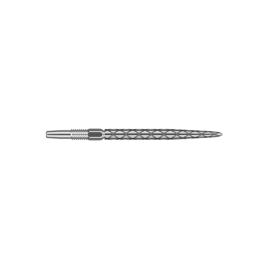 Target Swiss Diamond Pro Silver Points dart tips Das Bild zeigt eine silberne Dartspitze mit einem rautenförmigen Muster. Sie ist lang und schmal gefertigt und hat eine glatte, glänzende Oberfläche.