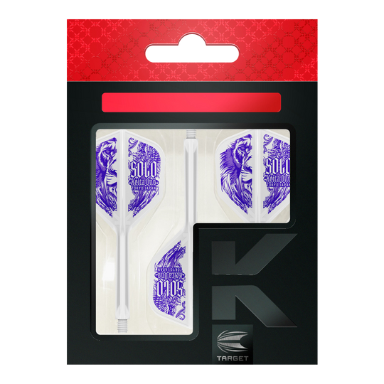 Target Japan K-Flex Keita Ono Solo No6 Flight-Shaft-System Die Abbildung zeigt das Produkt „Target Japan K-Flex Keita Ono Solo No6 Flight-Shaft-System“. In der Verpackung sind weiße Dart-Flights mit violettem Löwenmotiv und Beschriftung zu sehen.