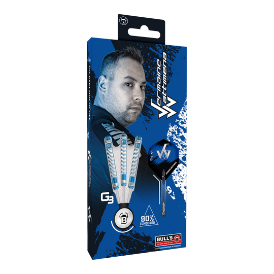 Die Verpackung zeigt die Bulls Jermaine Wattimena Generation 3 Steeldarts mit 90% Tungsten. Auf der Vorderseite ist ein Bild von Jermaine Wattimena und die drei Darts abgebildet.