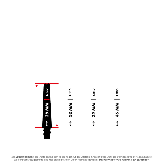 Das Bild zeigt vier verschiedene Längen von Dartshafts mit den Abmessungen 26 mm, 32 mm, 39 mm und 46 mm. Die rote Linie markiert, dass die Längenangabe ohne das Gewinde gemessen wird.