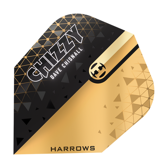 Harrows Prime Dave Chisnall Chizzy 2 No6 Flights Das Bild zeigt ein Dartflight-Design in Schwarz und Gold mit geometrischen Mustern. Auf dem Flight stehen die Namen "CHIZZY", "Dave Chisnall" und "HARROWS".
