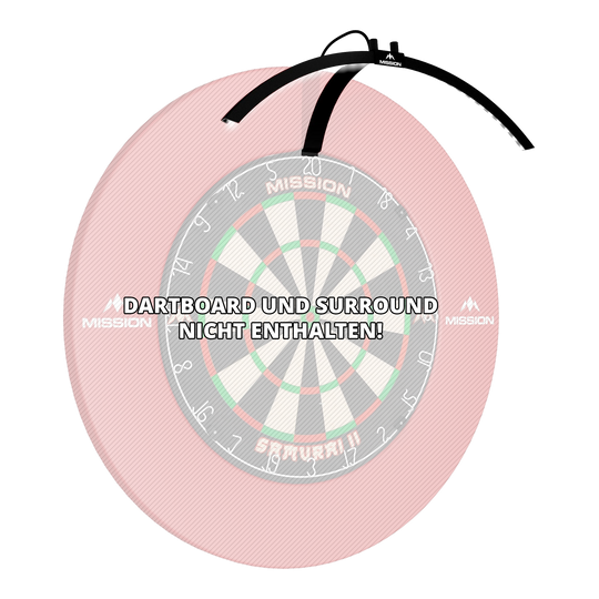 Mission Torus 100 Foldable LED Dartboard Lighting Das Bild zeigt die faltbare LED Dartboard Beleuchtung "Mission Torus 100", die über einem Dartboard platziert ist. Ein Hinweis weist darauf hin, dass das Dartboard und das Surround nicht enthalten sind.