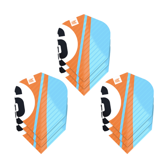 Das Bild zeigt drei Sätze der Target Pro Ultra Chicane Orange No6 Flights. Die Flights sind orange und blau mit einer großen schwarzen Zahl 6.