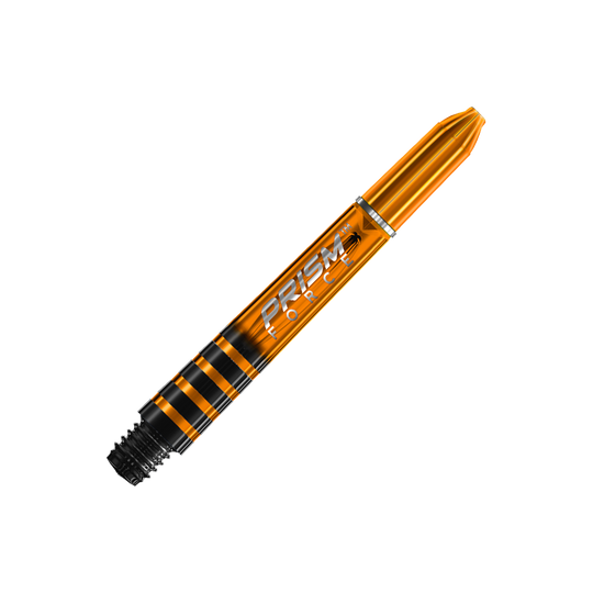 7020-107_Winmau_Prism_Force_Shafts_Orange_35mm_2hsIZF2VHJMTCV Das Bild zeigt einen orangefarbenen Winmau Prism Force Shaft. Auf dem Shaft steht der Schriftzug "PRISM FORCE" in weißer Schrift.