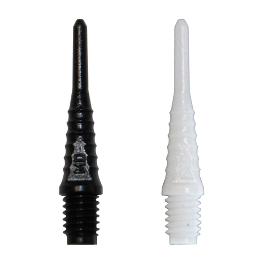 990_McDart_Evo_Grip Das Bild zeigt zwei Dartspitzen, eine in Schwarz und eine in Weiß. Sie sind Teil des Produkts "McDart Evo Grip Spitzen (100er Pack)".