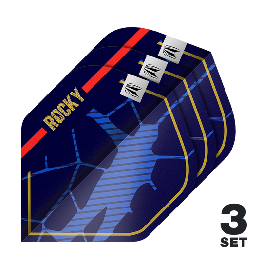 Das Bild zeigt drei Sätze dunkler Dartflights mit dem Schriftzug "ROCKY" und einem auffälligen blauen Muster. In der rechten unteren Ecke steht die Aufschrift "3 SET".
