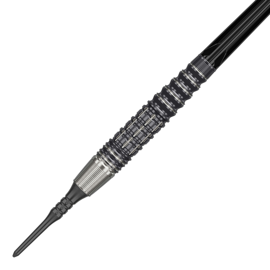 Das Bild zeigt einen Softdart aus der Target Japan Prime Series, Modell Harold Ching GEN1 Zenith MAX mit 21g Gewicht. Der Dart hat ein markantes, geriffeltes Design mit silbernen und schwarzen Elementen.