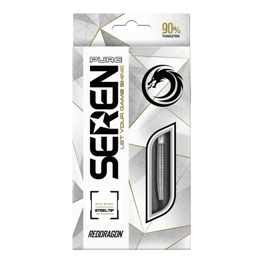 Die Verpackung zeigt die „Red Dragon Seren 4 Pure Steeldarts“. Die Darts bestehen zu 90 % aus Tungsten und haben eine Stahlspitze.