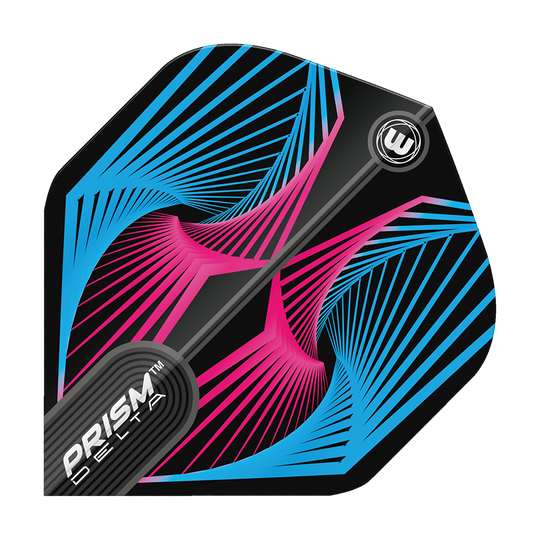 Dieses Bild zeigt das Produkt "Winmau Prism Delta Spiral BluePink Standard Flight". Das Design ist schwarz mit auffälligen blauen und pinken Spiralmustern.