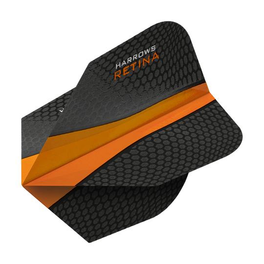 Das Bild zeigt ein schwarzes Dartflight mit Wabenmuster und orangem Streifen. Oben steht der Schriftzug "Harrows Retina".