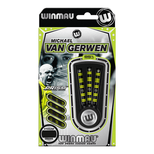 Winmau Michael Van Gerwen 85 Pro-Series steel darts Das Bild zeigt eine Packung Winmau Michael Van Gerwen 85 Pro-Series Steeldarts. In der Verpackung sind drei Dartpfeile mit gelb-schwarzem Design sichtbar.