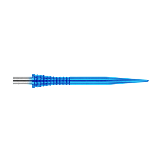 Red Dragon Raptor Gripped Blue steel dart tips 30mm Das Bild zeigt eine blaue Dartspitze mit griffiger Struktur aus Metall. Es handelt sich um das Produkt "Red Dragon Raptor Gripped Blue Steeldartspitzen 30mm".