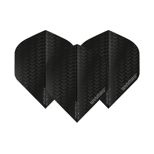 Das Bild zeigt drei schwarze Dartflights des Modells "Winmau Prism Delta 6915.200 Standard". Auf den Flights ist ein Muster sowie das Winmau-Logo zu sehen.